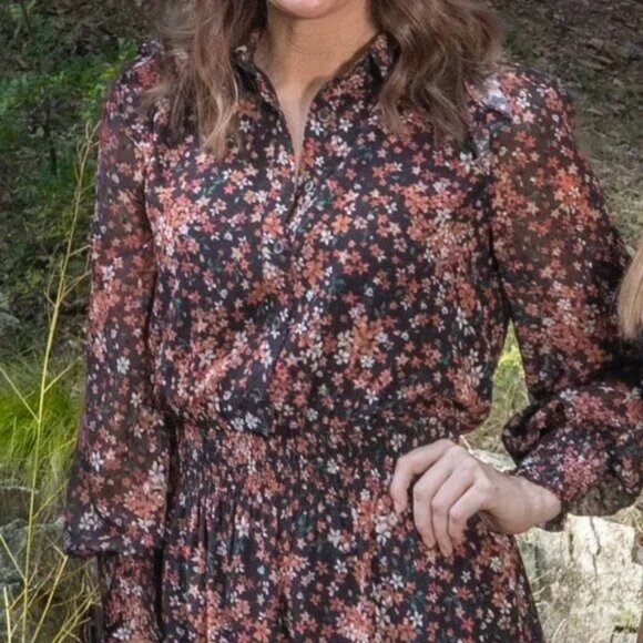 SKIES ARE BLUE Long Sleeve Smocked Waist Maxi Dress ~ Moody Floral Print XL NWT